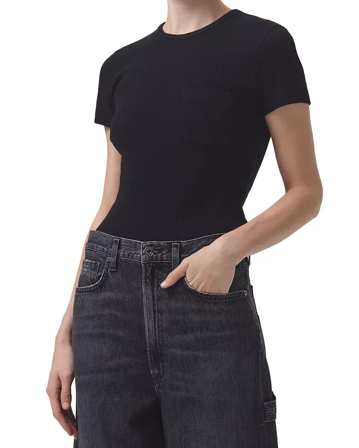 Agolde Arlo Rib Knit Pocket Tee Women's XS Black Solid Crew Neck Short Sleeve - Picture 1 of 16