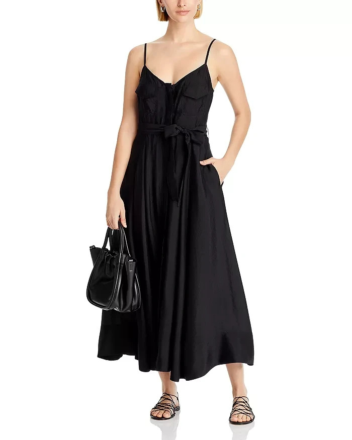 AQUA Utility Midi Dress Women's M Black Sweetheart Neck Flap Pocket Button Front - Picture 1 of 14