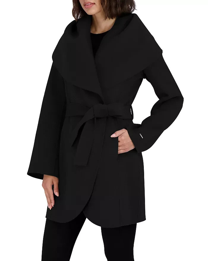 Pre-owned Tahari Black Marilyn Double-face Belted Wrap Coat B11203 Womens Size S