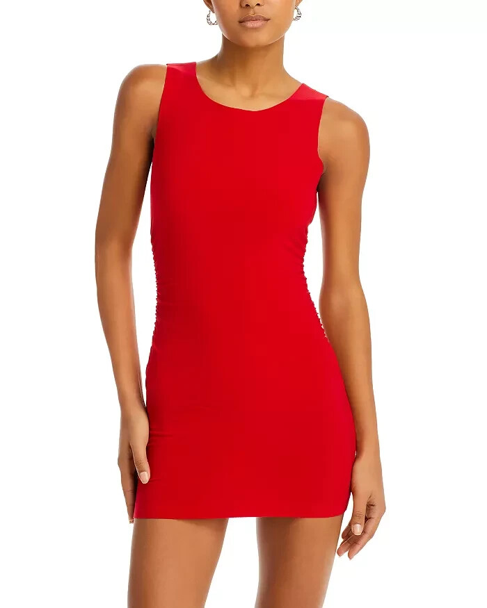 Norma Kamali Ruched Mini Dress Women's L/40 Tiger Red Round Neck Sleeveless - Picture 1 of 15