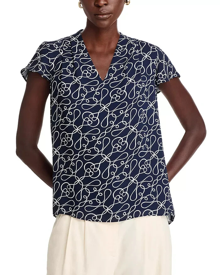 T Tahari Printed Blouse Women's XS Navy/White V-Neck Pleat Short Sleeve Pullover - Picture 1 of 16