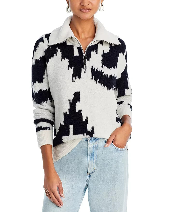 AQUA Quarter Zip Sweater Women's XS Cement Black/Ivory Long Sleeve Pullover - Picture 1 of 16