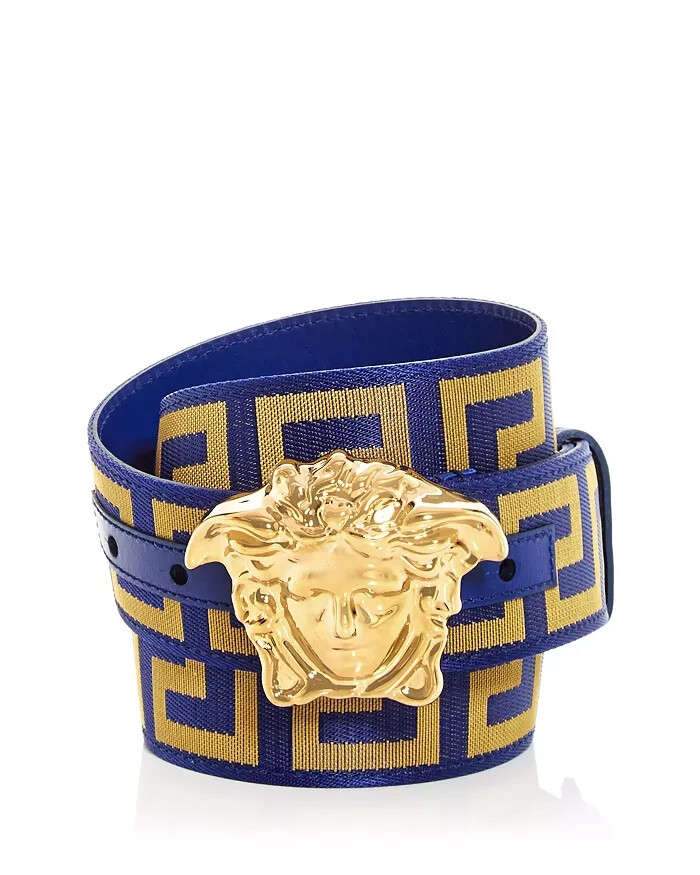 Pre-owned Versace Men's La Medusa Blue / Gold Web Belt Size 95cm Or 37 Inches$495nwt