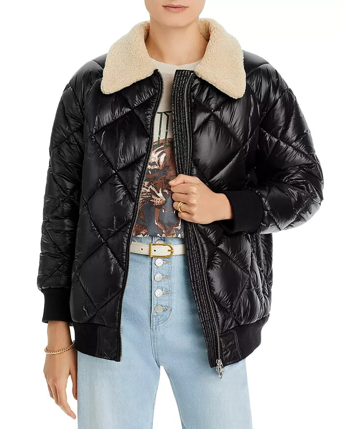 Rails Shay Diamond Quilted Jacket Womens XS Black Faux Shearling Collar Full Zip - Picture 1 of 17