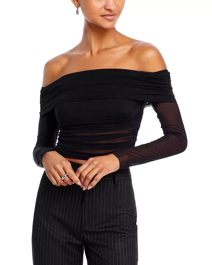 Alice + Olivia Isadola Off-the-Shoulder Ruched Top Women's L Black Long Sleeves~ - Picture 1 of 16