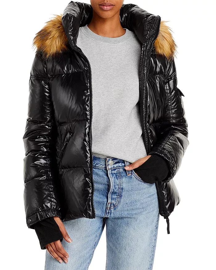 AQUA Gloss Allie Faux Fur Trim Down Puffer Jacket Women's S Jet/Natural L/S - Picture 1 of 16