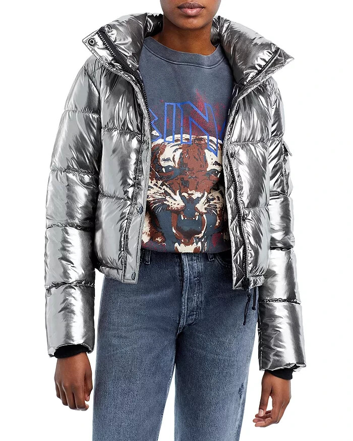AQUA Metallic Puffer Coat Women's XS Metal Quilted Side Pockets Snap Zip Closure - Picture 1 of 17