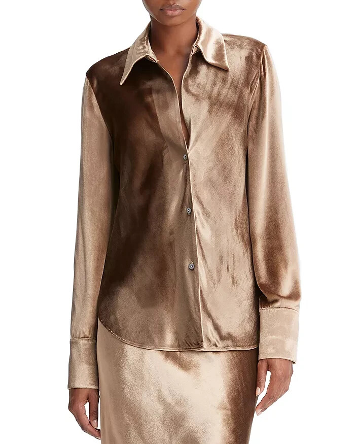 Vince Velvet Silk Blend Button Up Shirt Women's XL Gold Shadow Cuff Long Sleeve - Picture 1 of 17