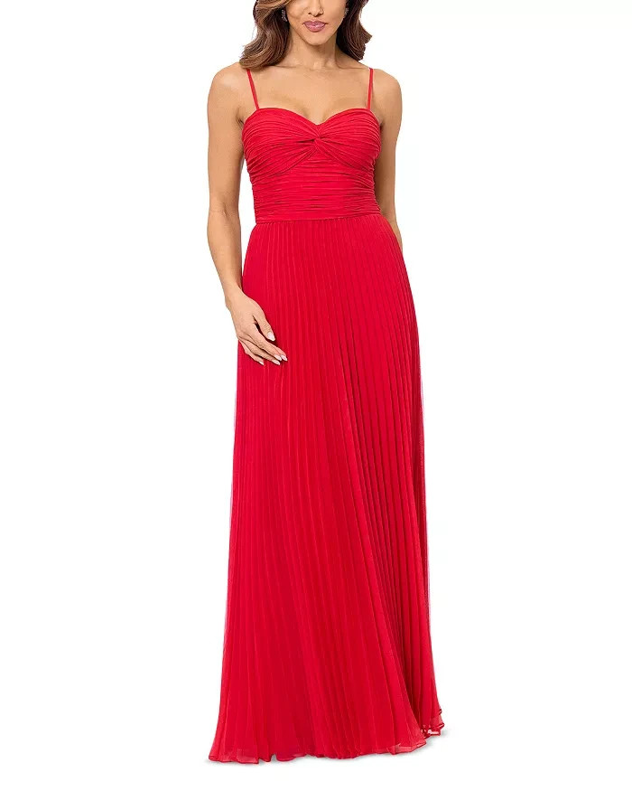 AQUA Pleated Chiffon Gown Women's 12 Red Solid Sweetheart Neck Back Zip Closure - Picture 1 of 18