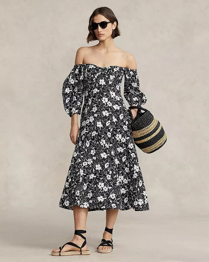 Lauren Ralph Lauren Floral Off-the-Shoulder Linen Dress Women's 2 Black/White - Picture 1 of 13