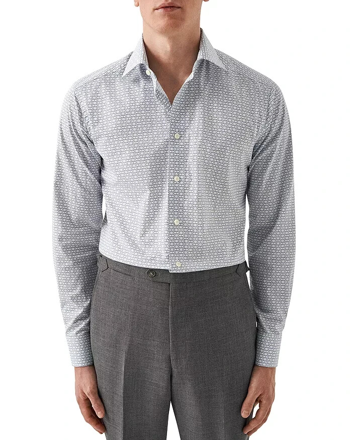 Eton Slim Fit Geometric Print Dress Shirt Men's 38/15 White Multi Long Sleeve - Picture 1 of 13