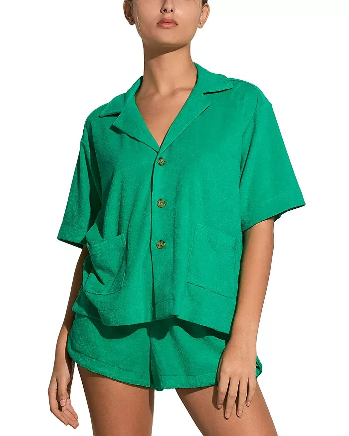 Elan Button Front Cover Up Shirt Women's S Green Bright Collared Pockets S/S - Picture 1 of 14