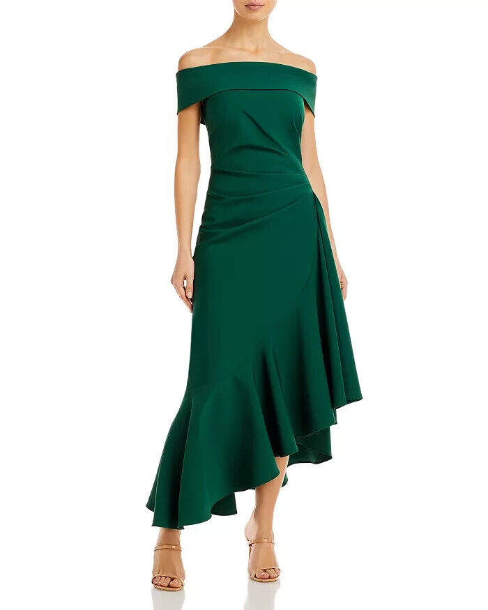 Eliza J Off Shoulder Asymmetric Hem Dress Women's 16 Emerald Back Zip Closure - Picture 1 of 16