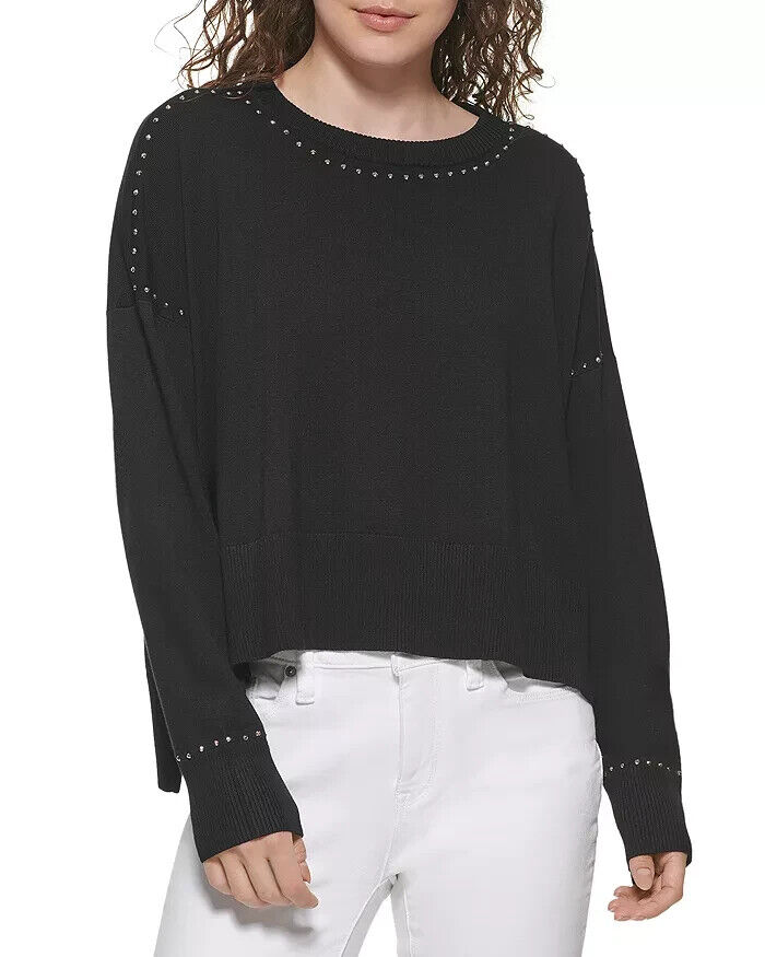 DKNY Studded Crew Neck Sweater Women's S Black Ribbed Hem Long Sleeve Pullover - Picture 1 of 12