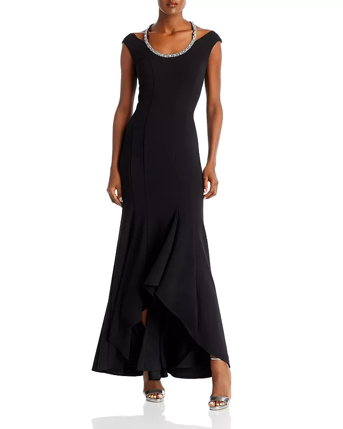 AQUA Embellished Neck Cutout Scuba Gown Women's 12 Black Scoop Neck Back Zip - Picture 1 of 14