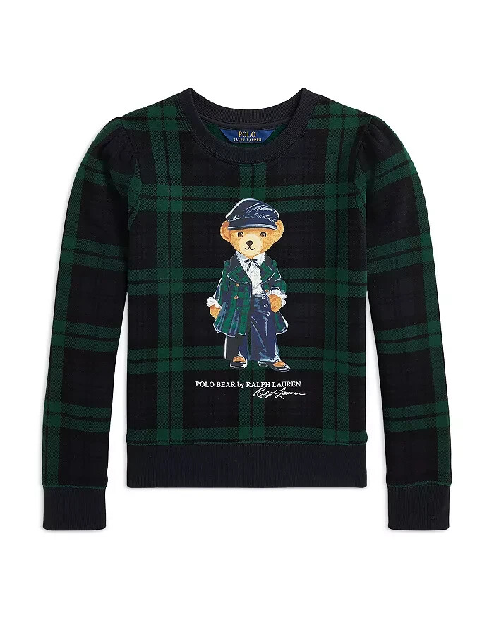 Polo Ralph Lauren Plaid Polo Bear Fleece Sweatshirt Girls' XL (16) Black Multi - Picture 1 of 16