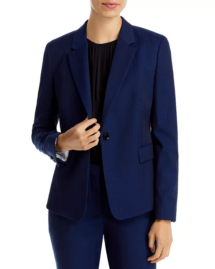 Pre-owned Hugo Boss Boss Jeniver Single Button Wool Blend Blazer Women's 6 Navy Flap Pockets L/s In Blue