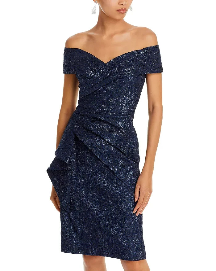 Teri Jon by Rickie Freeman Off-the-Shoulder Metallic Jacquard Dress Women's 2 - Picture 1 of 14