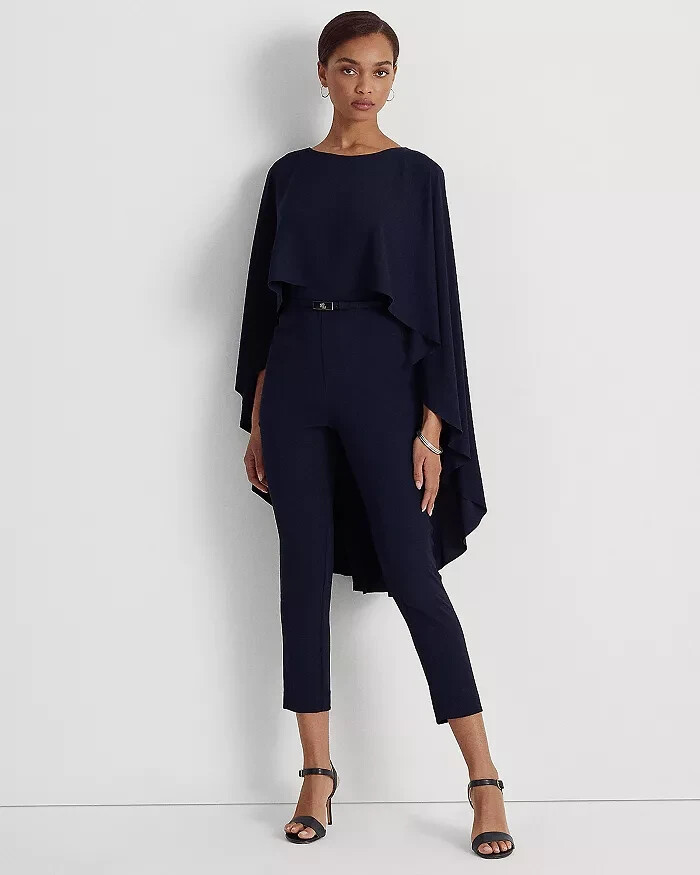 Lauren Ralph Lauren Georgette Cape Jumpsuit Women's 8 Navy Boat Neck Back Zip - Picture 1 of 18