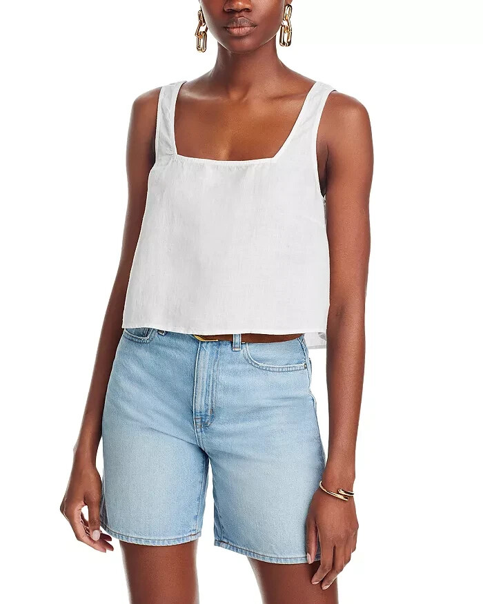Bella Dahl Square Neck Tank Top Women's M White Solid Linen Back Button Closure - Picture 1 of 16