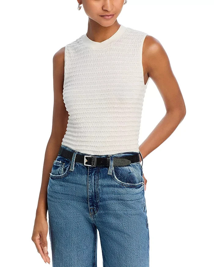 FRAME Smocked Silk Blend Sleeveless Top Women's L White Knit Crewneck Pullover - Picture 1 of 16