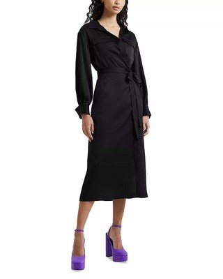 FRENCH CONNECTION Harlow Satin Faux Wrap Midi Shirt Dress 1B 2022