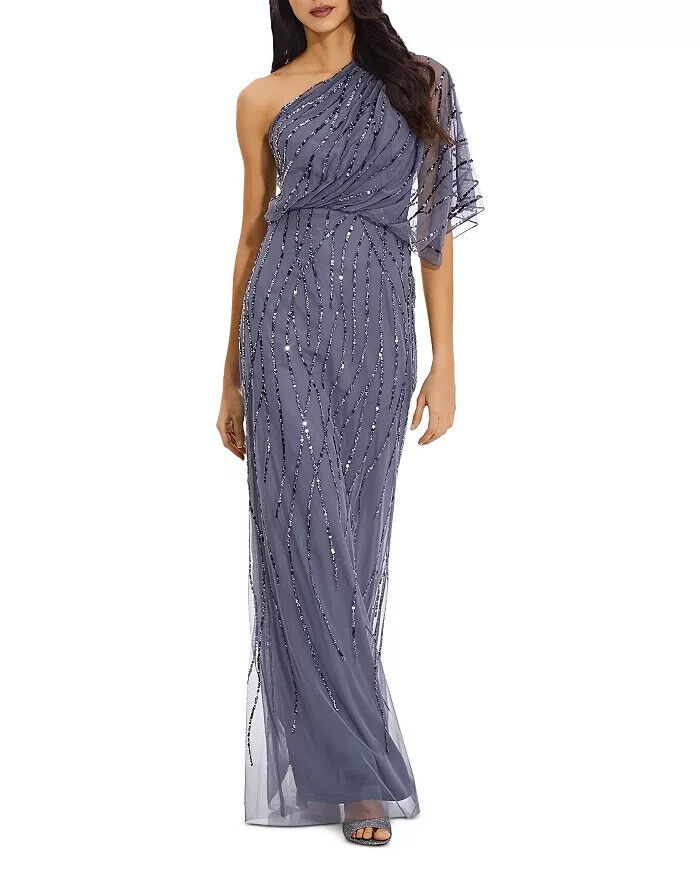 Adrianna Papell One Shoulder Beaded Dress Women's 6 Dusty Blue Side Zip Closure - Picture 1 of 17