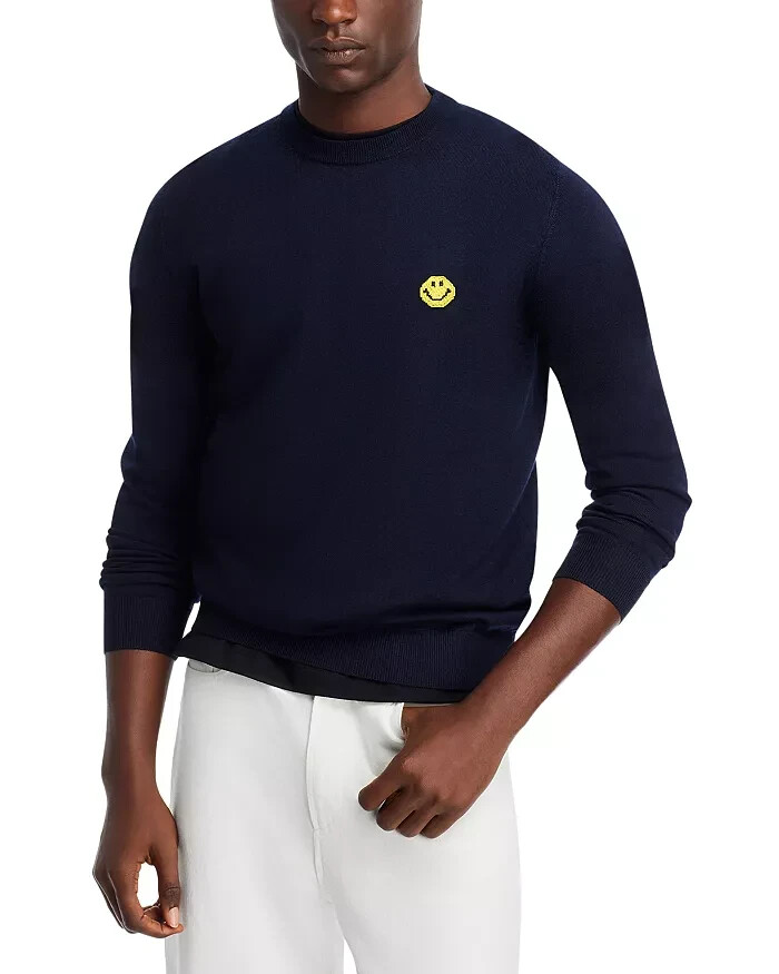 Joshua Sanders Pixel Wool Crewneck Sweater Men's L Navy Ribbed Pullover L/S - Picture 1 of 15