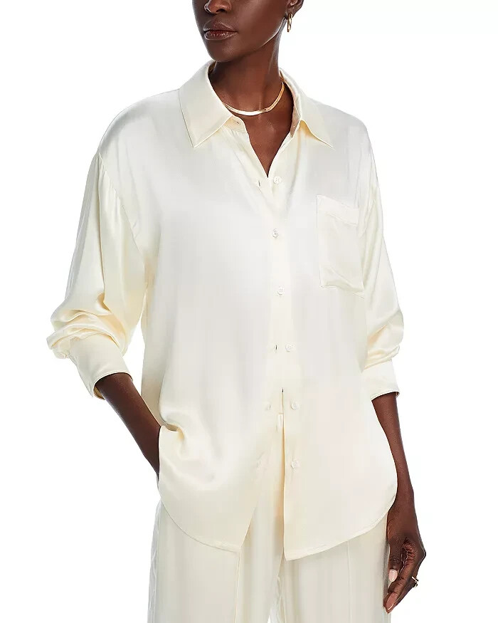 WAYF Fynn Satin Button Front Blouse Women's L Cream Patch Pocket Long Sleeve - Picture 1 of 19