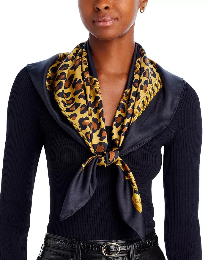 Echo Leopard Charm Square Silk Scarf Women's One Size Black Multi Hemmed Edges - Picture 1 of 17