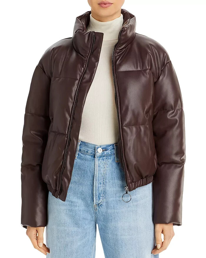 AQUA Faux Leather Puffer Jacket Women's XS Maroon Side Pockets Zip Closure L/S - Picture 1 of 16