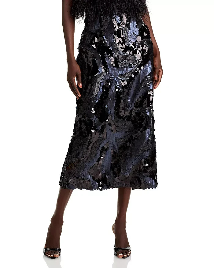 Ramy Brook Stanley Donnelly Sequin Midi Skirt Women's 4 Black Back Zip Closure - Picture 1 of 15