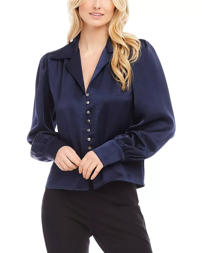 Karen Kane Shirred Blouse Women's M Navy Solid Collared Long Sleeve Button Front - Picture 1 of 18