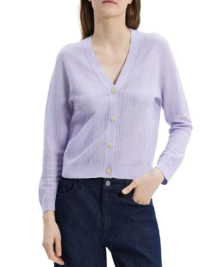 Theory Cropped Cardigan Women's P Soft Iris V-Neck Linen Blend Button Front L/S - Picture 1 of 14