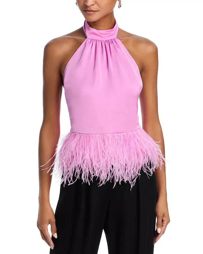 Ramy Brook Faux Feather Trim Halter Top Women's S Pink Rose Tie Hook & Eye Back - Picture 1 of 15