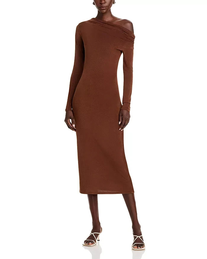 WAYF Everly Midi Dress Women's XS Brown Asymmetric Drape Neck Ruched Pullover - Picture 1 of 13