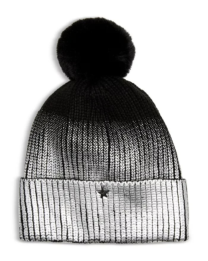 AQUA Ombré Knit Beanie Women's One Size Silver/Black Folded Cuff Pom Pom At Top - Picture 1 of 14