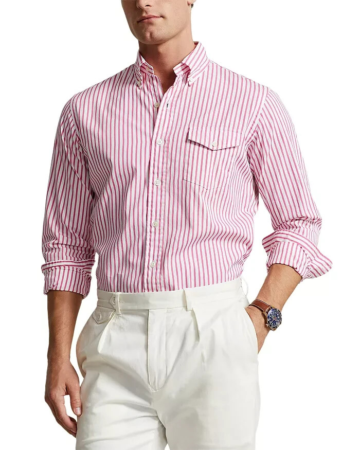 Polo Ralph Lauren Poplin Stripe Custom Fit Button Down Shirt Men's M Pink/White - Picture 1 of 18