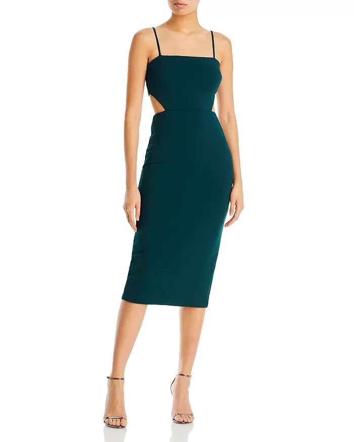 AQUA Side Cutout Midi Dress Women's 8 Pine Straight Neck Sleeveless Zip Closure - Picture 1 of 14