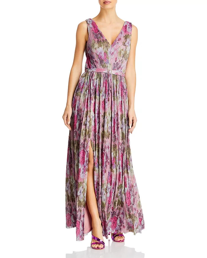 Eliza J Shimmer Belted Maxi Dress Women's 8 Pink Multi Sleeveless Zip Closure - Picture 1 of 16