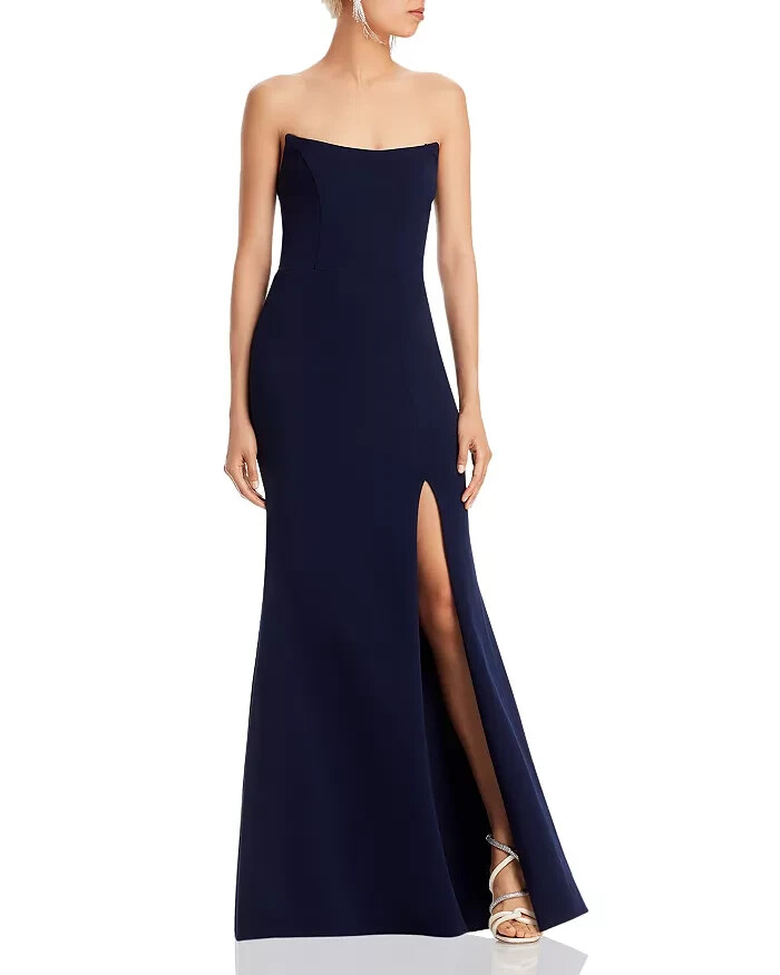 AQUA Strapless Gown Women's 8 Navy Solid Sweetheart Neck Slit Back Zip Closure - Picture 1 of 15