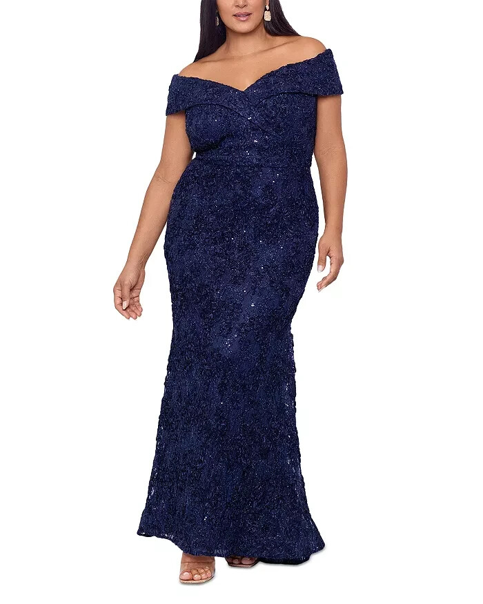 Xscape Plus Size Off Shoulder Embroidered Lace Dress Women's 16W Navy Back Zip - Picture 1 of 21