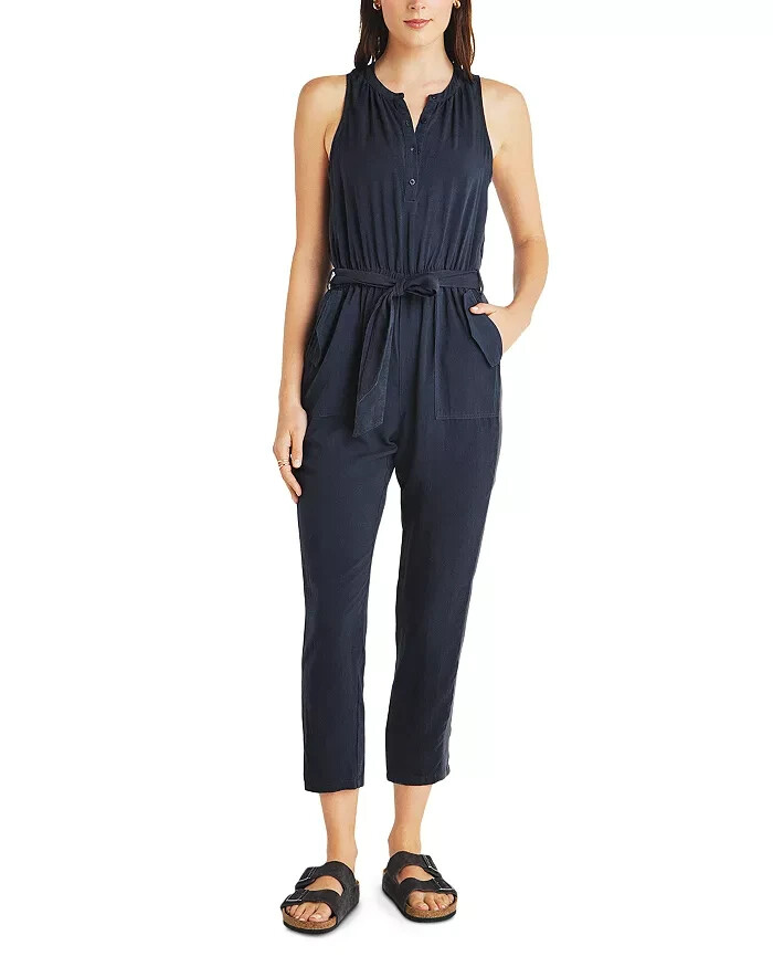 Splendid Colette Belted Jumpsuit Women's M Navy Round Neck Button Front Pull On - Picture 1 of 19