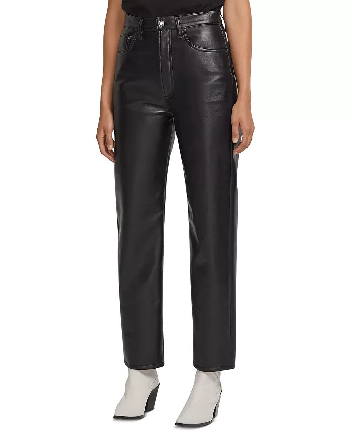 AGOLDE 90s Fitted Recycled Leather Pants Women's 31 Black Pockets Button Zip - Picture 1 of 18