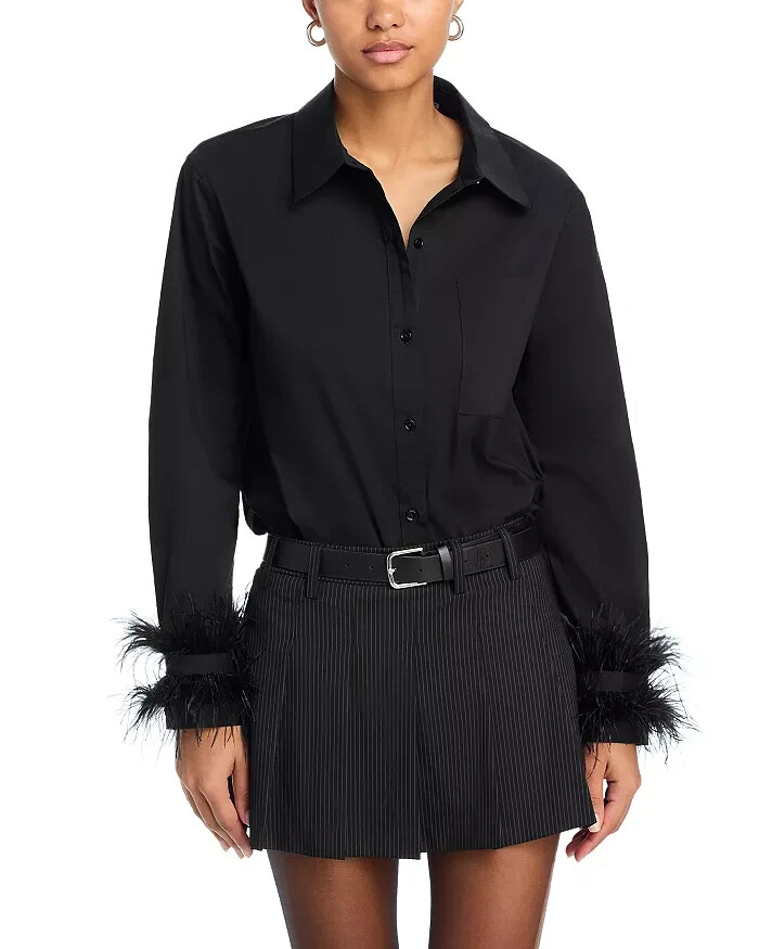 English Factory Feather Pointed Shirt Women's XS Black Button Front Closure L/S - Picture 1 of 15