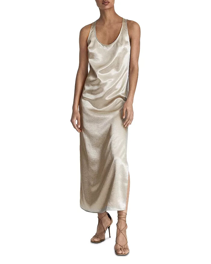 REISS Lottie Metallic Maxi Dress Women's 6 Silver Scoop Neck Back Button Closure - Picture 1 of 15