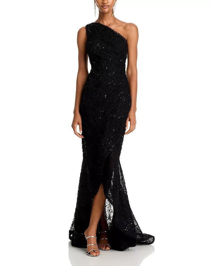 Teri Jon by Rickie Freeman Sequin Embroidered One Shoulder Gown Women's 8 Black - Picture 1 of 15