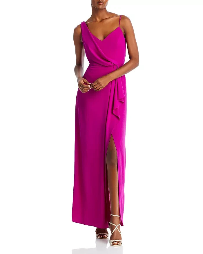 AQUA Asymmetric Overlay Crepe Gown Women's 4 Orchid V-Neck Back Zip Closure - Picture 1 of 14