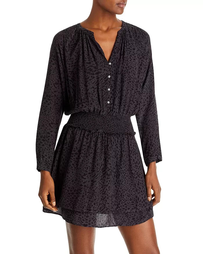 Rails Jasmine Animal Print Mini Dress Women's S Grey V-neck Button Closure L/S~ - Picture 1 of 15