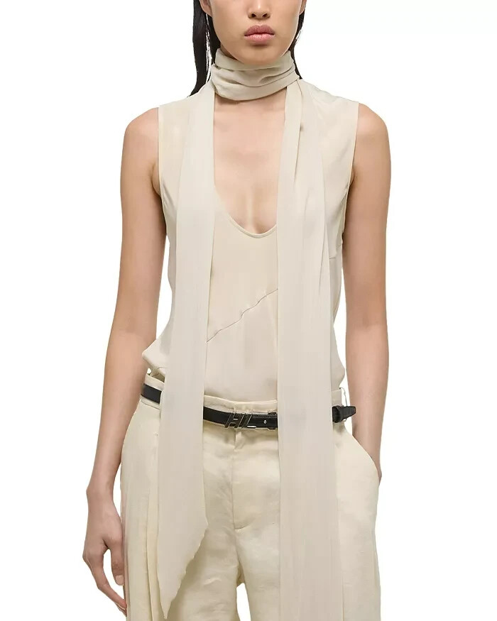 Helmut Lang Sleeveless Silk Scarf Top Womens M Oatmeal Scoop Neck Button Closure - Picture 1 of 15